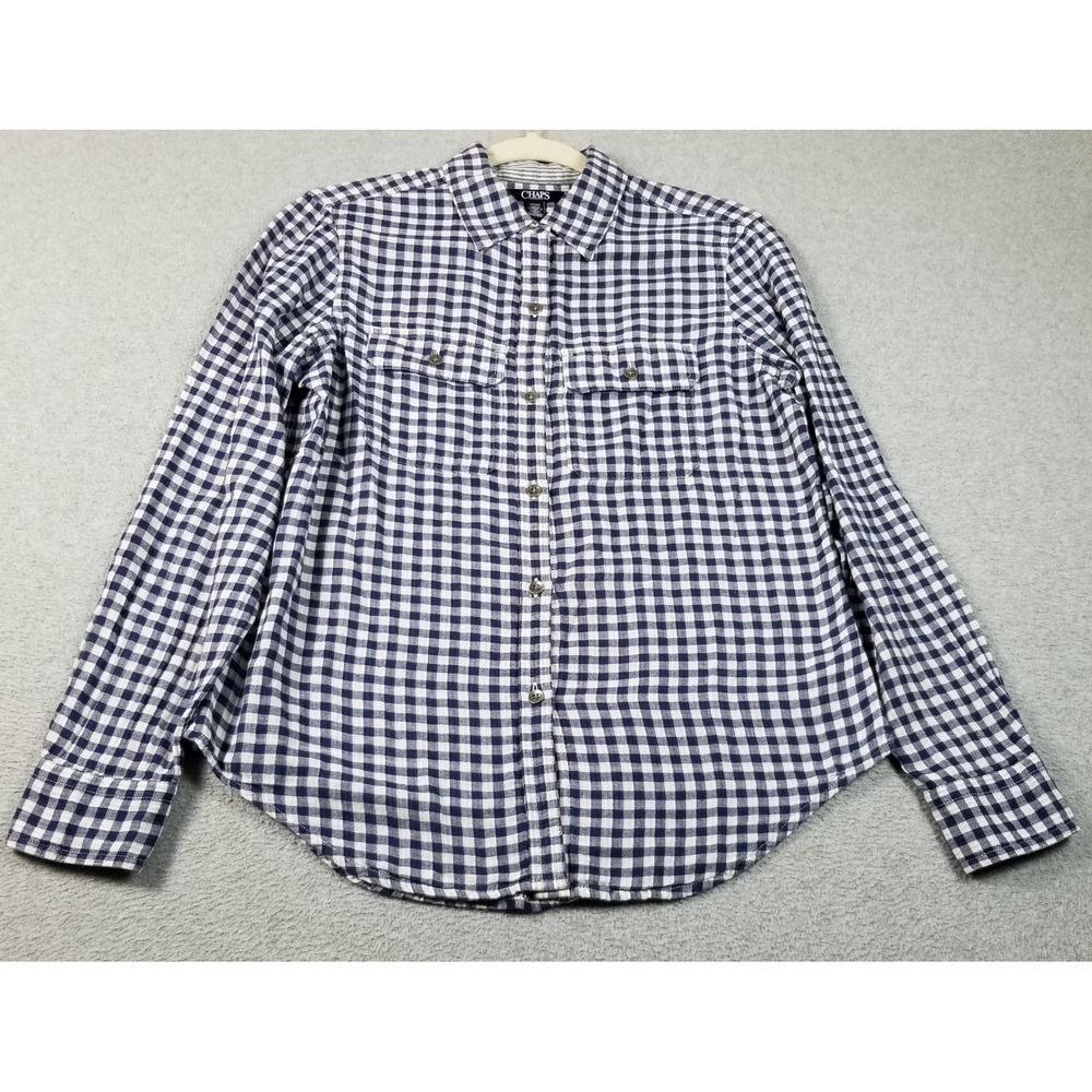 Chaps Button Up Shirt Womens S Small Blue White Gingham Check Long Sleeve Cotton